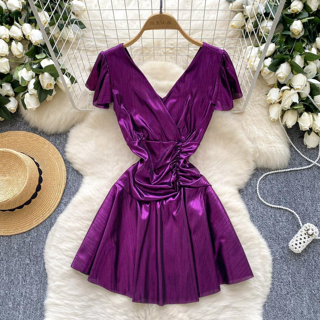 Summer Women V-neck Mini Short Sexy Club Party Fold Dresses