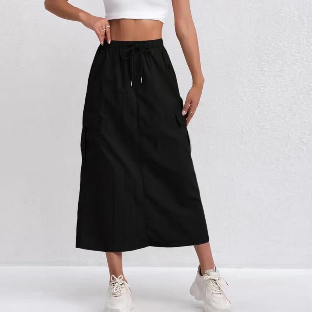 Women's Fashionable Solid Color Drawstring Elastic High Waisted A-line Pocket Back Slit Skirt