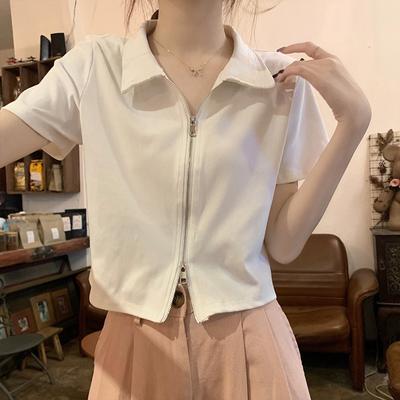 Cotton Lapel Short-sleeved Polo Shirt Women's Summer Slim Hundred Positive Shoulder Short T-shirt Zipper Tops