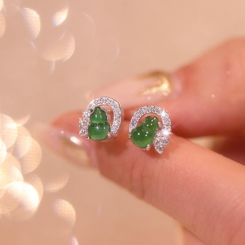 

New Chinese retro style Fulu gourd stud earrings sterling silver s925 silver inlaid with natural dangerous material jadeite earrings gift 925 silver