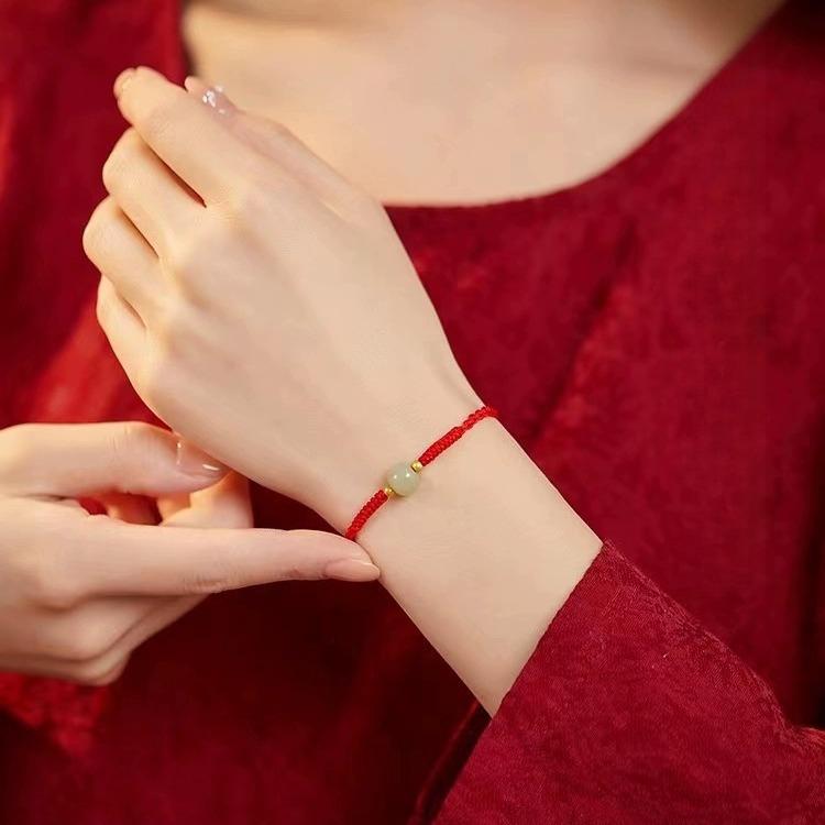 Bracelet Hetian Jade Red Rope Women's New Ashore Transfer Beads Good Luck Red Hand Rope for Girlfriend Gift