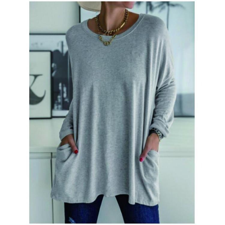 

Autumn Spring Long Sleeve Blouse Women Loose Fit Crew Neck T Shirt with Pocket Casual Tops XXXXXL