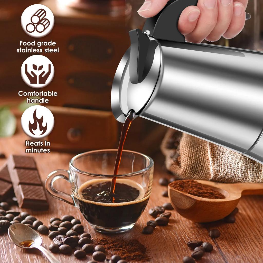 Cafeteira Expresso de Fogão Versátil Aço Inoxidável Cafeteira Moka Economizadora de Tempo Clássica Fogões de Indução para Uso Doméstico