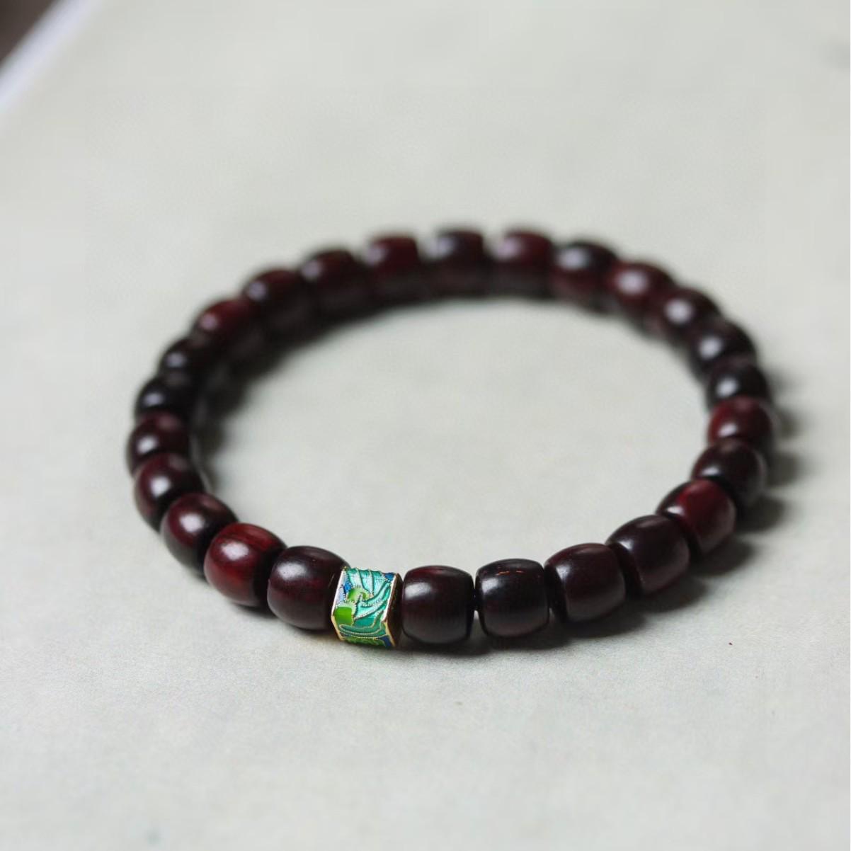 Indian Rosewood and Enamel Buddhist Prayer Beads Bracelet with Five Elements Design