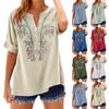 Women's Fashionable Casual Loose-Fit Embroidered Button-Up V-Neck T-Shirt Top