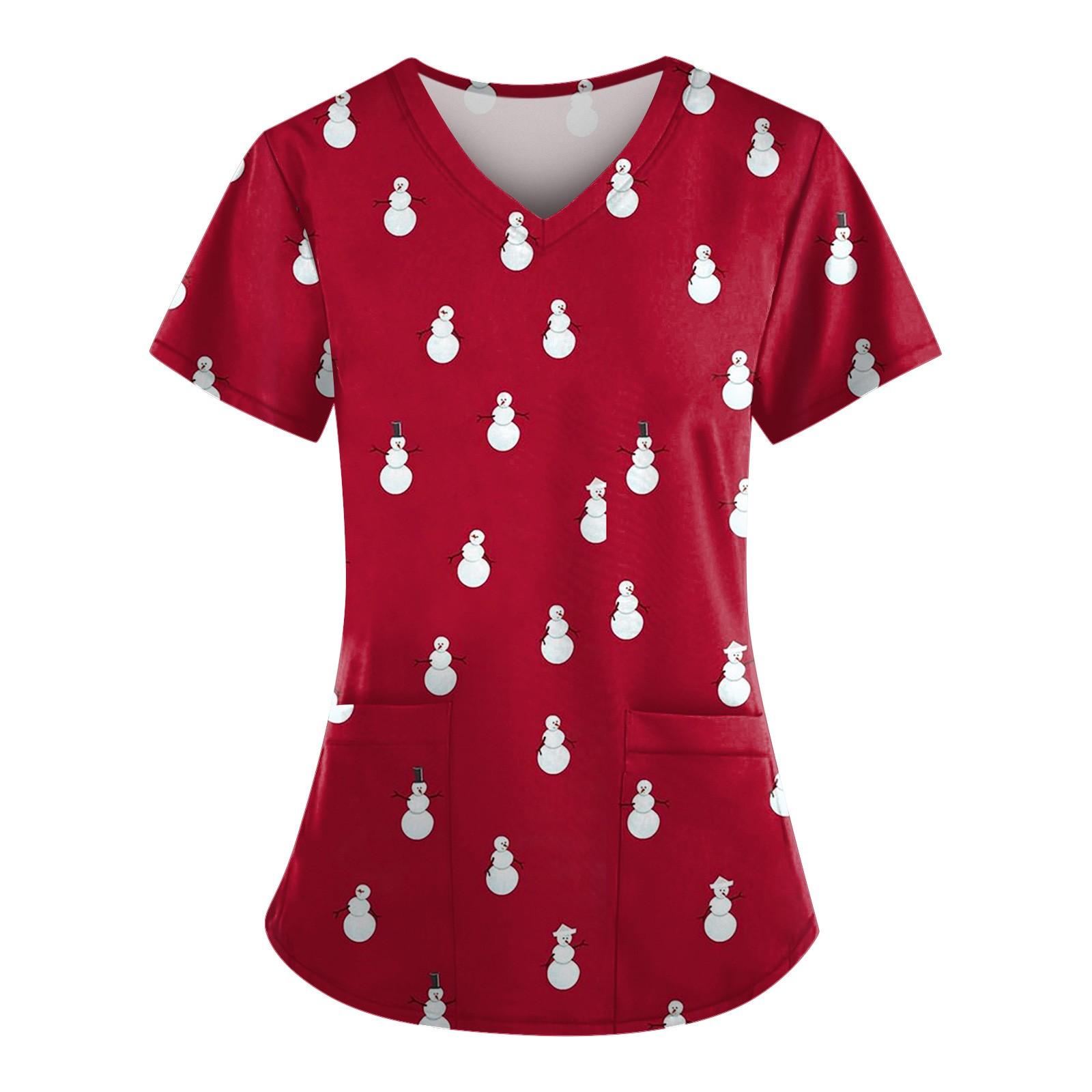 

Рождественский женский модный повседневный топ с v-образным вырезом и принтом, защитный рабочий костюм L красный