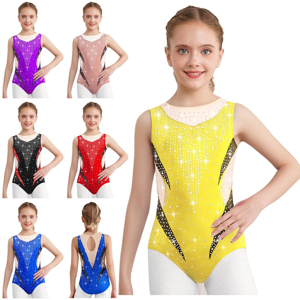Girls Metallic Gymnastics Dance Leotard Sleeveless Keyhole Back Sheer Mesh Patchwork Sparkling Rhinestones Bodysuit