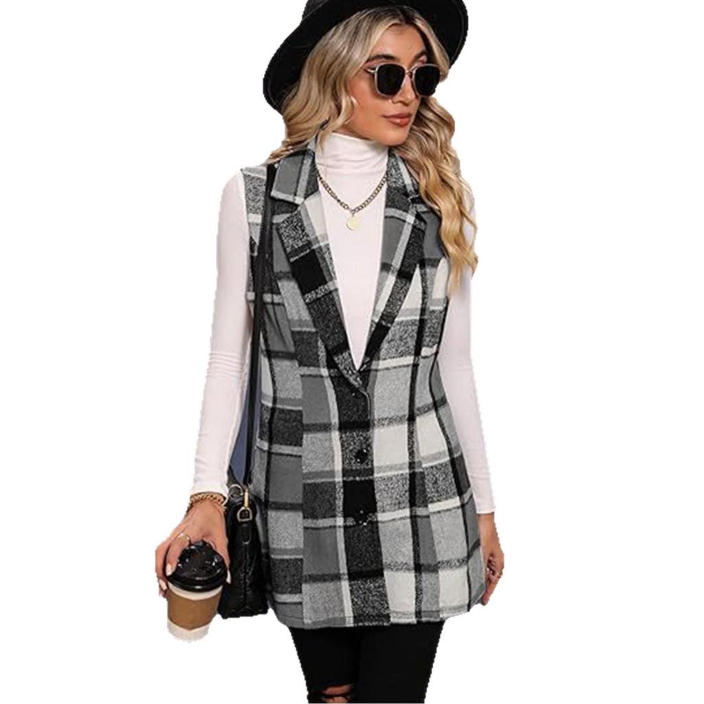 Women's Plaid Woolen Lapel Vest Suit Coat