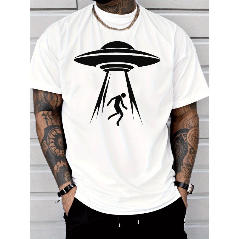 

Men s UFO Alien Spaceship & Beam Graphic T-Shirt - Short Sleeve Casual Tee with Alien Beam Pattern, Moisture-Wicking Breathable Fabric S белый