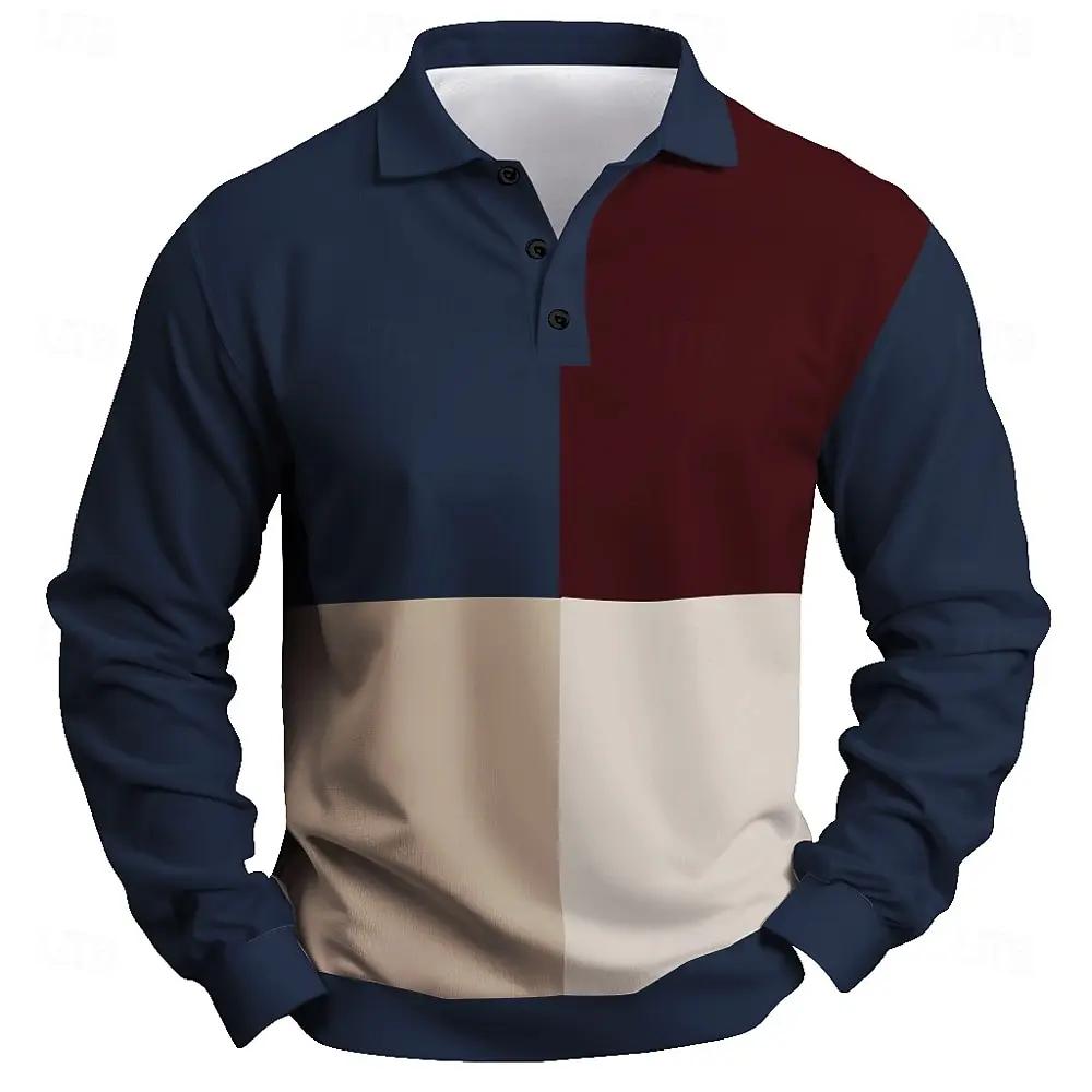 Our T-shirts 2025 Mode Heren Kleurblok Lange Mouw Poloshirt Ademend Casual Tops Slim Fit Sneldrogend Klassieke Kraag Poloshirt 2XL