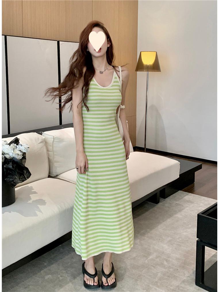 French Style Striped Suspender Knitted Dress: Backless, Slim Fit, Hip-Wrapped, Summer Women's Fashion