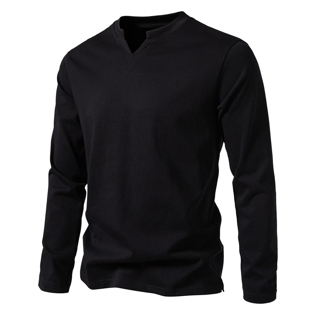 Men'S V Stand-Up Collar Long-Sleeved T-Shirt Men'S Fashion T-Shirt British Bottoming Shirt Casual Henry Collar T-Shirt