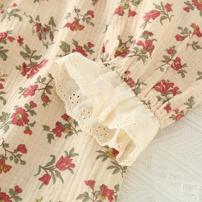 Women's Sweet Pajama Set Full Sleeve Comfort Top Long Pants Sexy Lace Accents Princess Bow Flower Print Elegante Pajamas