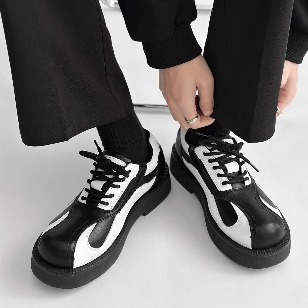 Men's round headed genuine leather shoes Fashionable black and white color blocking style Party thick soled walking office shoes