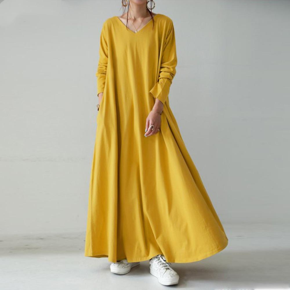 Damen V-Ausschnitt Langarm Maxikleid Oversized Passform Einfarbig Lässig Locker Baumwollmischung Langes Kleid XL