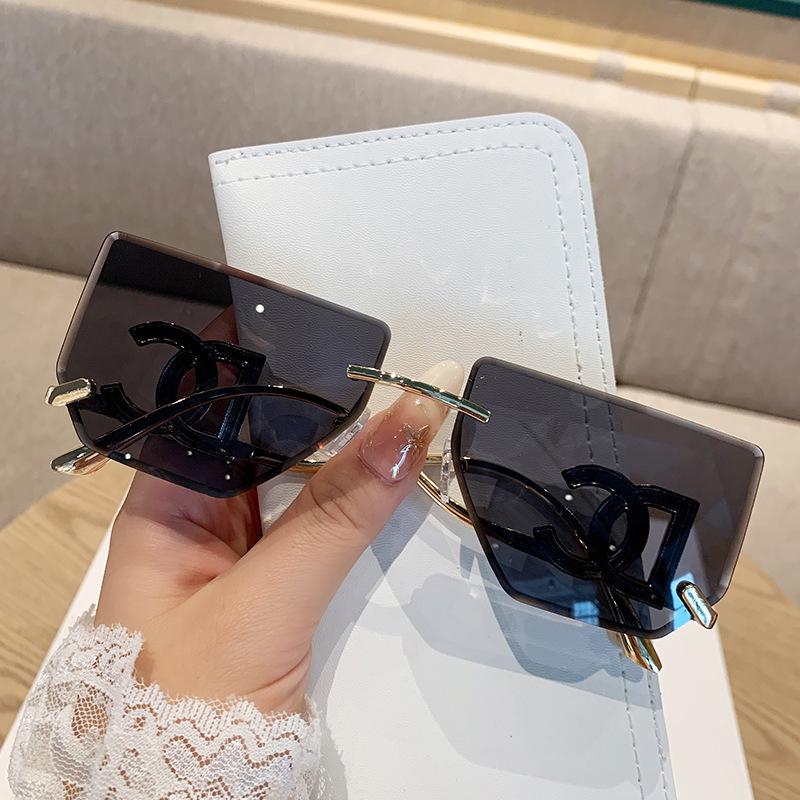 Women's Rimless Large Square Sunglasses with Metal Lettered Temples - Stylish and Popular Mirror Design