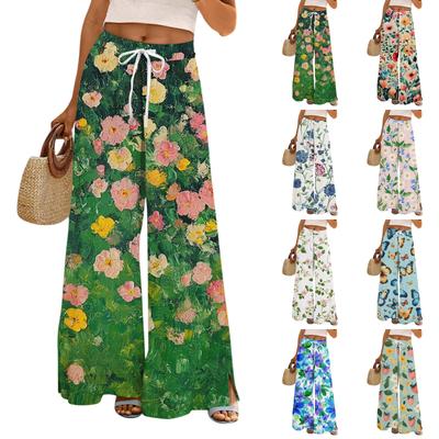Damen Lockere Lässige Hose mit Blumenmuster, Weitem Bein, Elastischem Bund, Kordelzug und Taschen