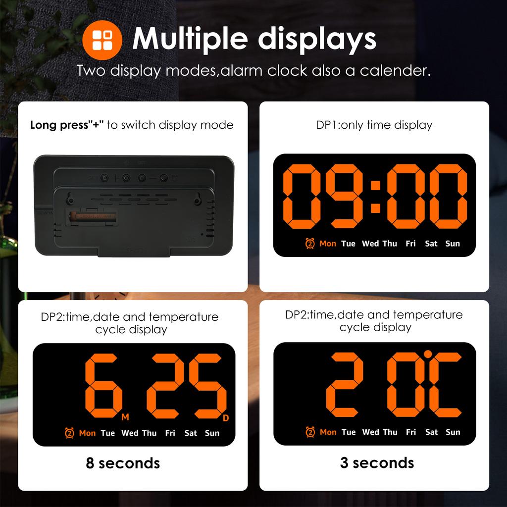 Digital Wall Clock 8.5 Inch Large Display LED Alarm Clock with Date Week Temperature Brightness Adjustable Double Alarm for Home