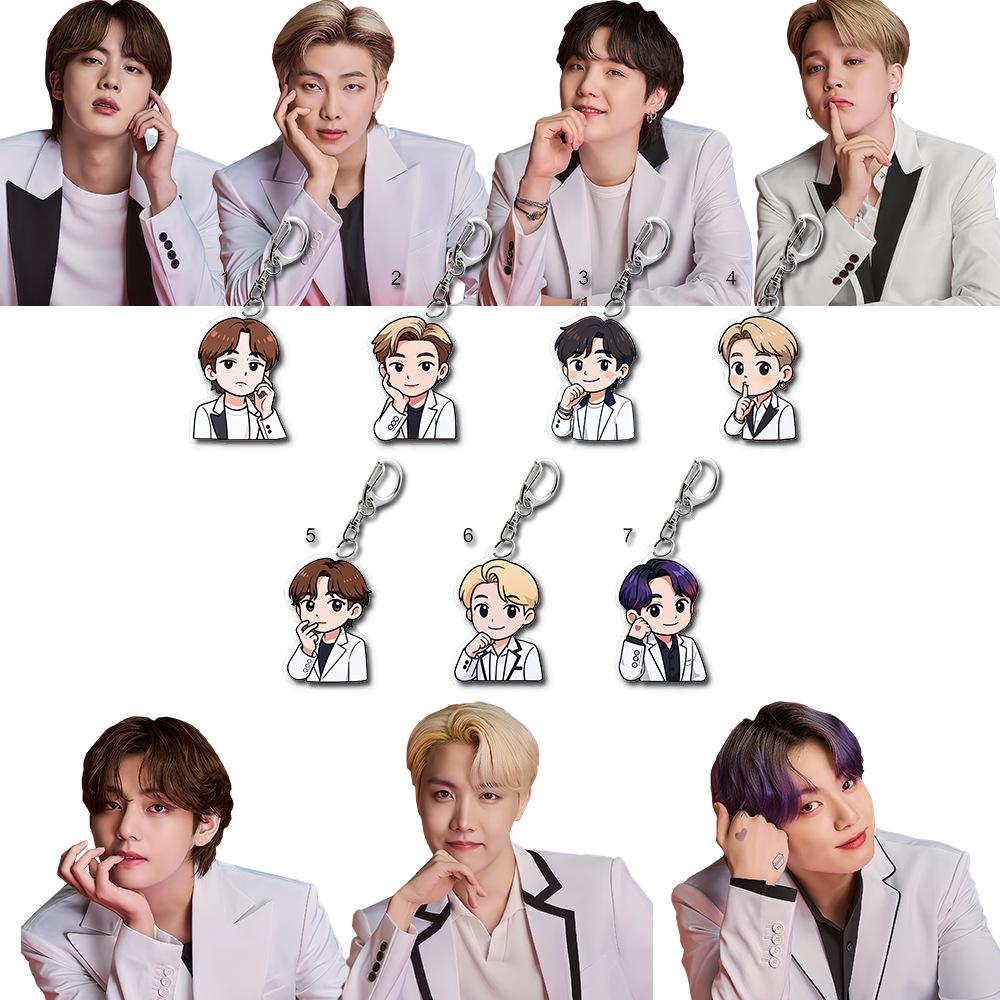 

7 шт. Брелок-брелок с мультяшным белым костюмом BTS, Брелок с мультяшной фигуркой Bangtan Boys, Шарм для сумки фанатов ARMY, Подвеска для сумки K-pop айдола 7pcs
