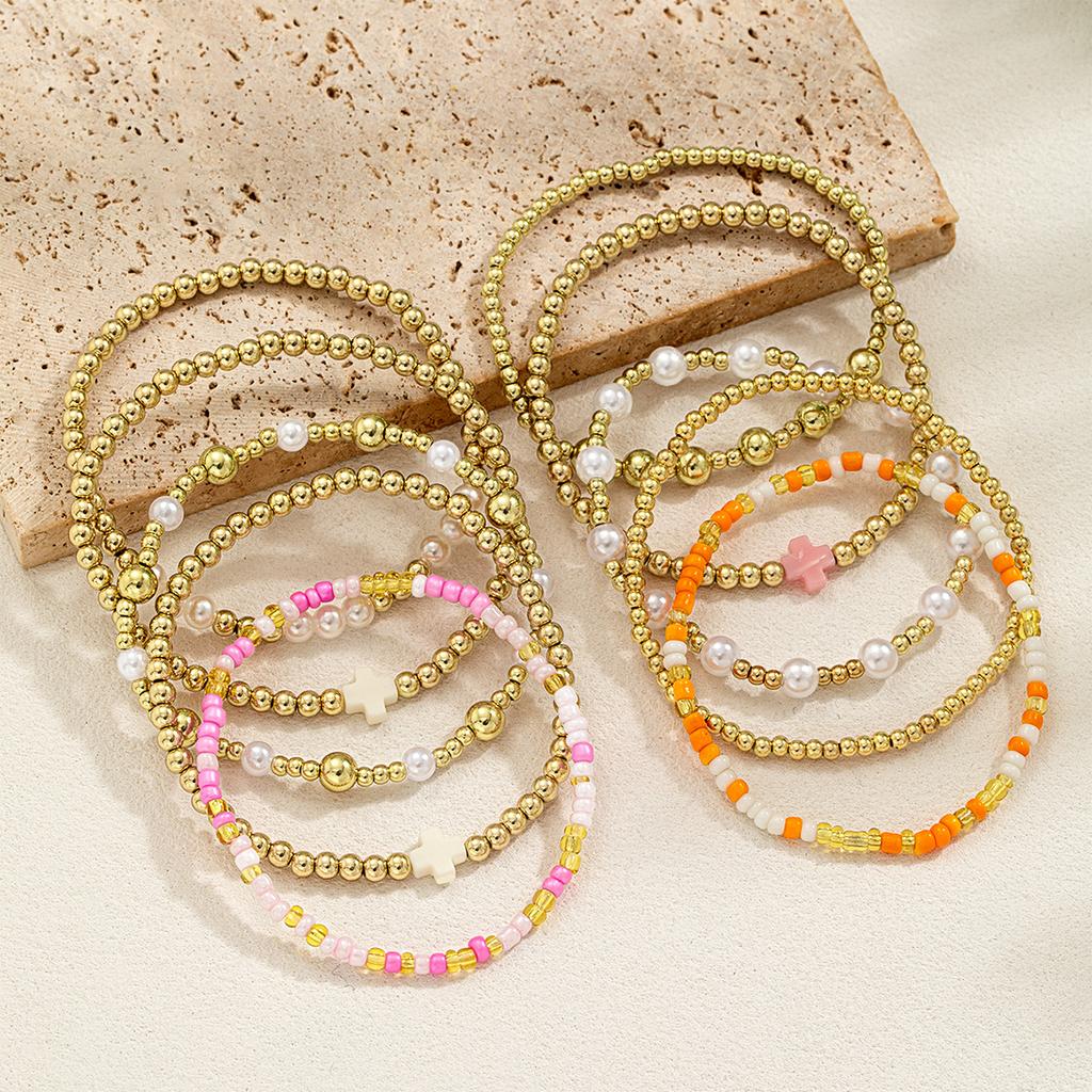 10 Bohemian style soft ceramic cross bead bracelet, multi-layer layered pink rice bead women's bracelet bracelet set
