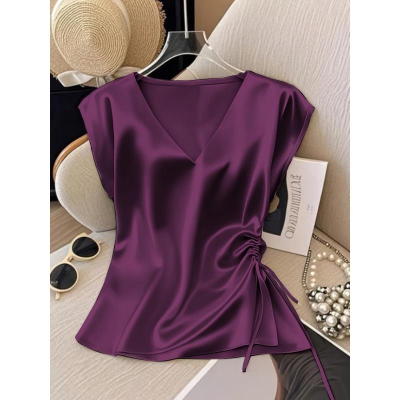 Women Satin V Neck Blouse Elegant Short Sleeve Side Drawstring Ruched Top Summer Casual Work Office Tunic Fashion Sleeveless Sweet Tank Tops for Women