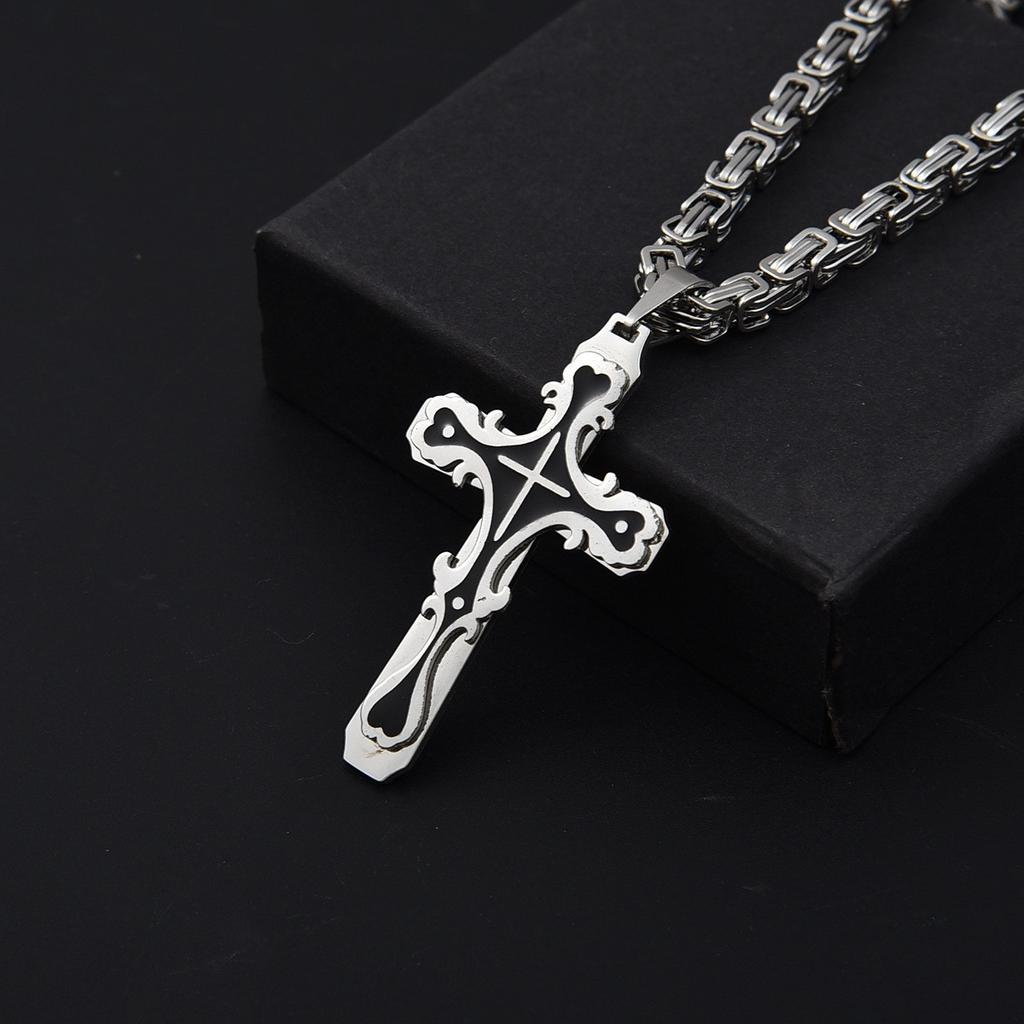 Embossed Single‑Layer Cross Pendant Necklace, Stainless Steel Imperial Chain Fashion Personality Jewelry for Men Women