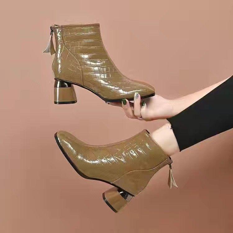 Women's Patent Leather Chunky Heel Ankle Boots - French-Style Bestseller