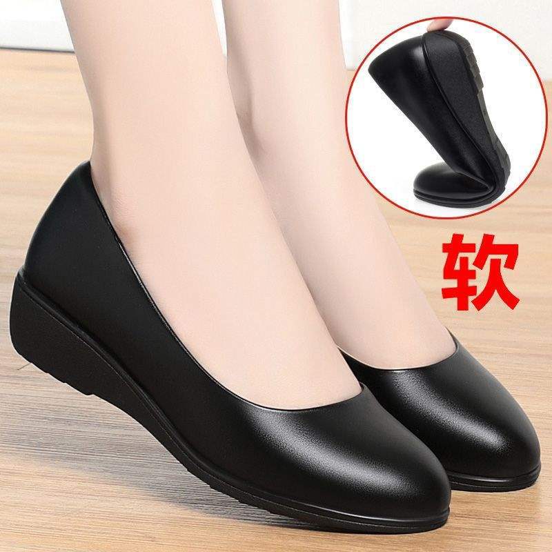 Stewardess Jiu Station non-slip soft-soled leather shoes flat-soled wedge heel work shoes women's black work professional single shoes spring and