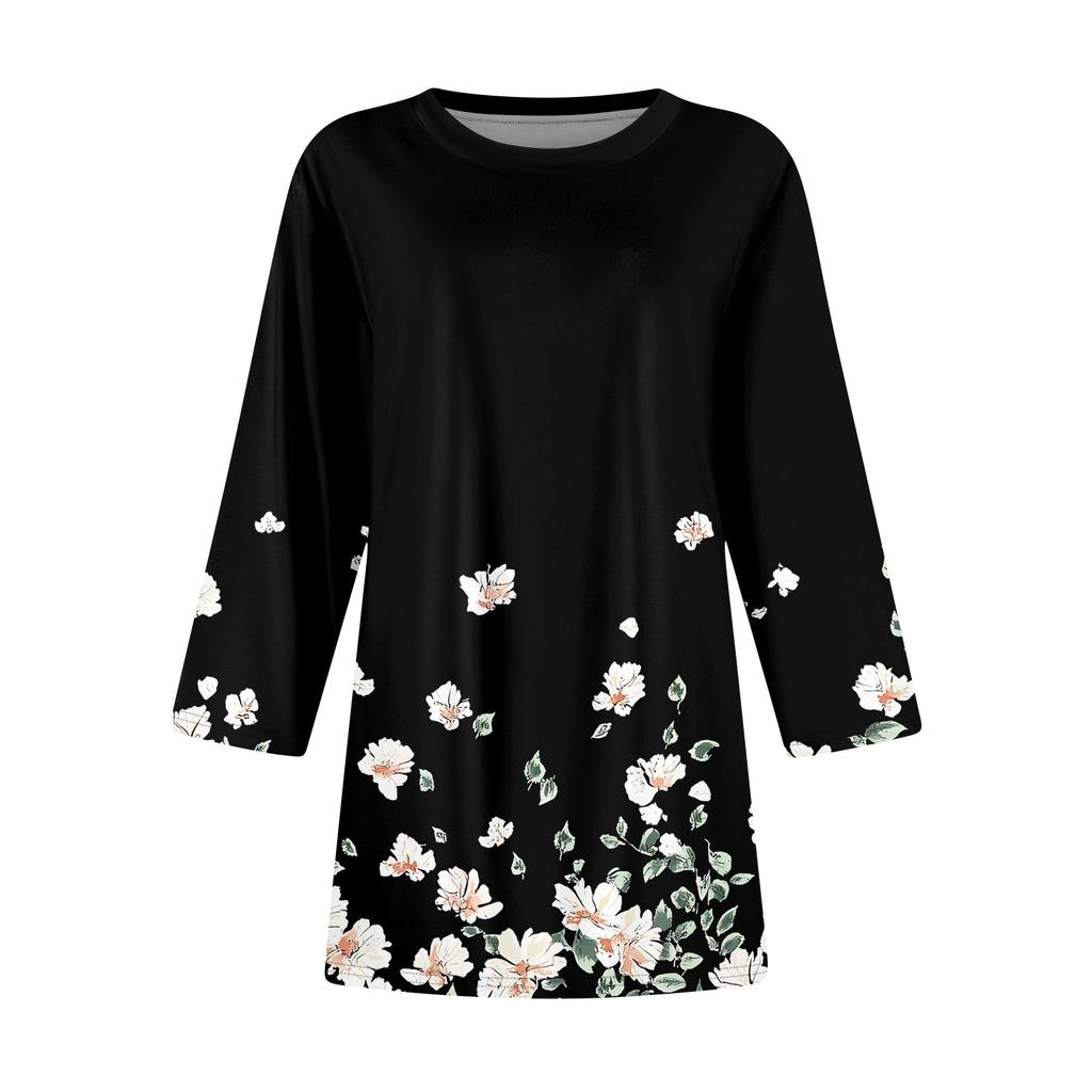 3/4 Sleeve Tunic Tops For Women Printed Daily Weekend Loose Fit  Fashion Basic Round Neck T Shirt