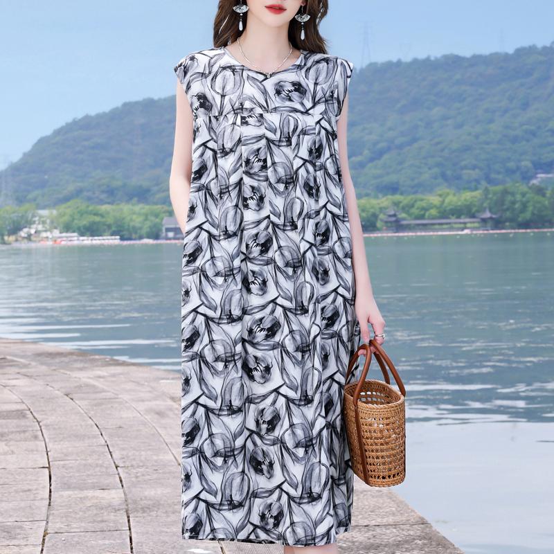 Casual Beach Dresses for Woman Plus Size Loose Vintage Print Long Sleeveless Dress Summer Women's Clothing