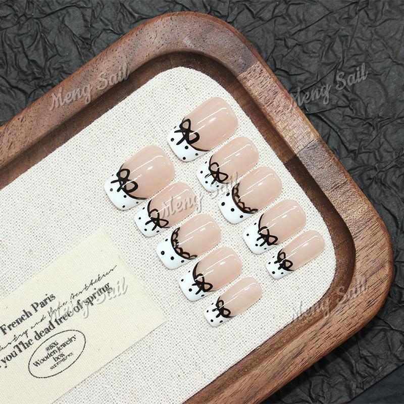 Creamy Floral Lace Polka Dot French Manicure Press-On Nails Large