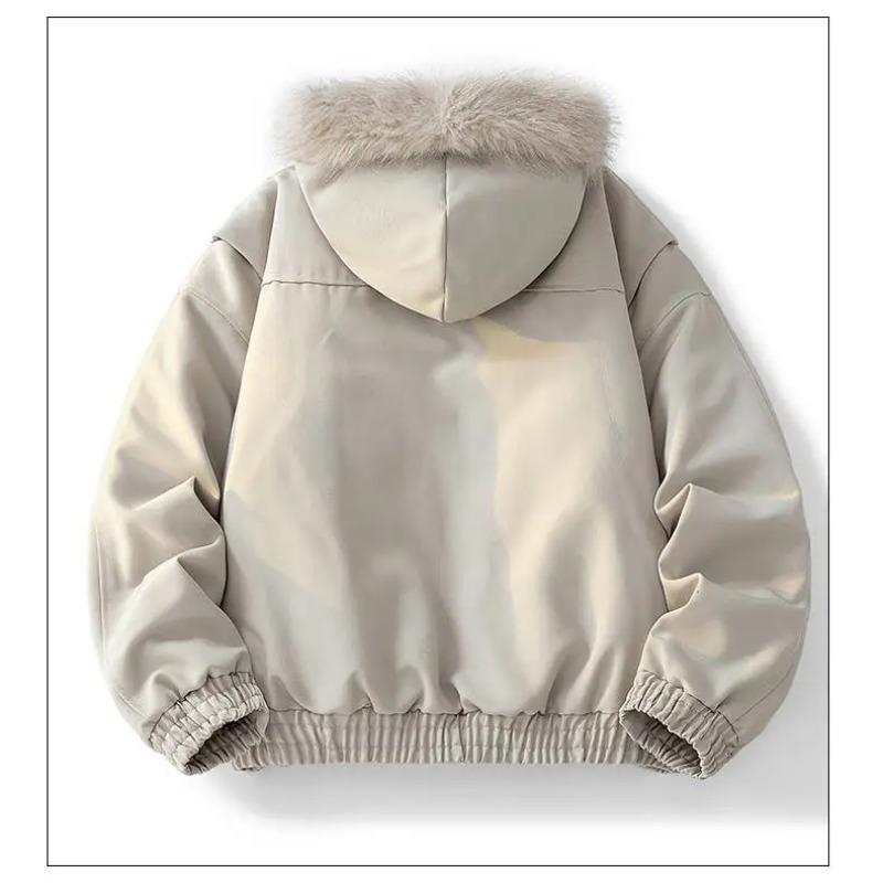 Men's Retro Fleece-Lined Faux Fur Collar Jacket Autumn Winter Loose Fit Sports Hooded Parka Padded Jacket