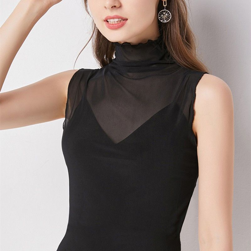 Summer Lace Blouse with High Neckline and Mesh Sleeveless Inner Lining Sexy Women's Top