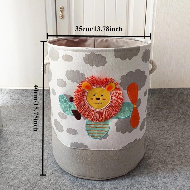 Cartoon Toy Storage Basket & Foldable Canvas Laundry Hamper Collapsible Clothes Organizer Bin with Handles for Kids Room
