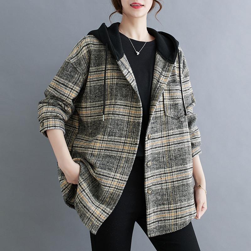 Women S Plus Size Hooded Plaid Wool Blend Shirt Coat For Autumn Winter