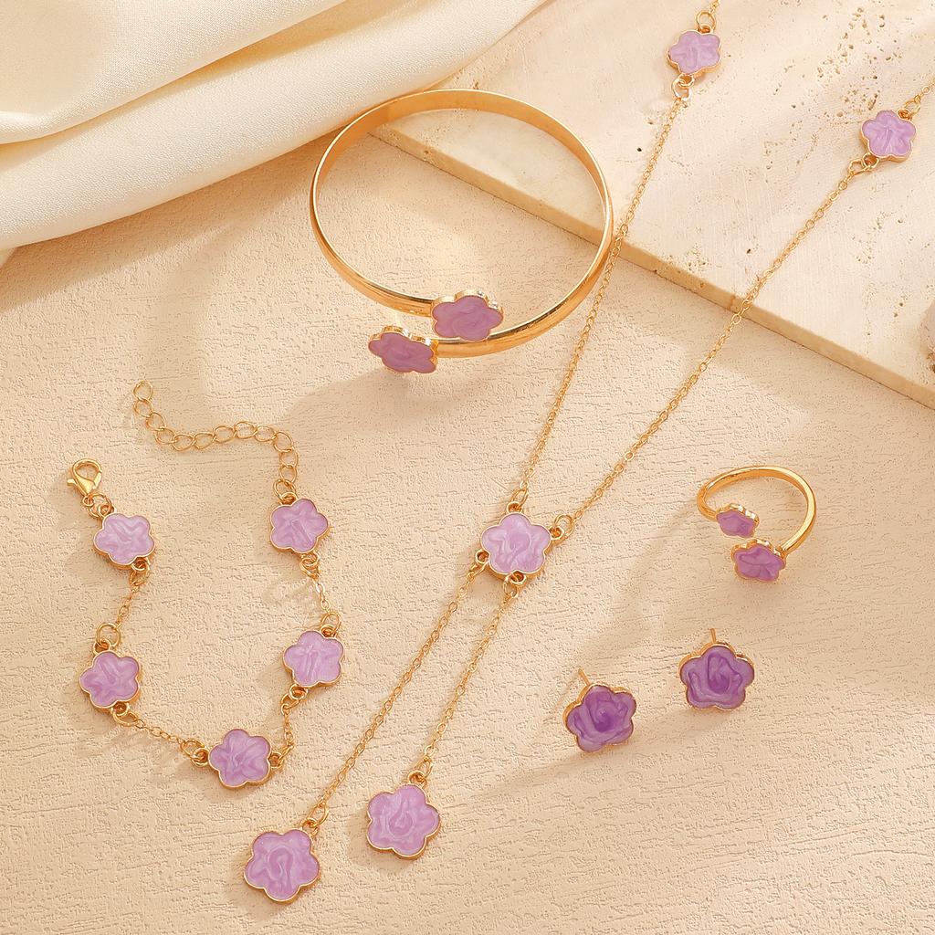Exquisite Five Leaf Flower Necklace Earrings Bracelet Ring Set for Women Simple Elegant Plum Blossom Jewelry Party Luxury Gifts