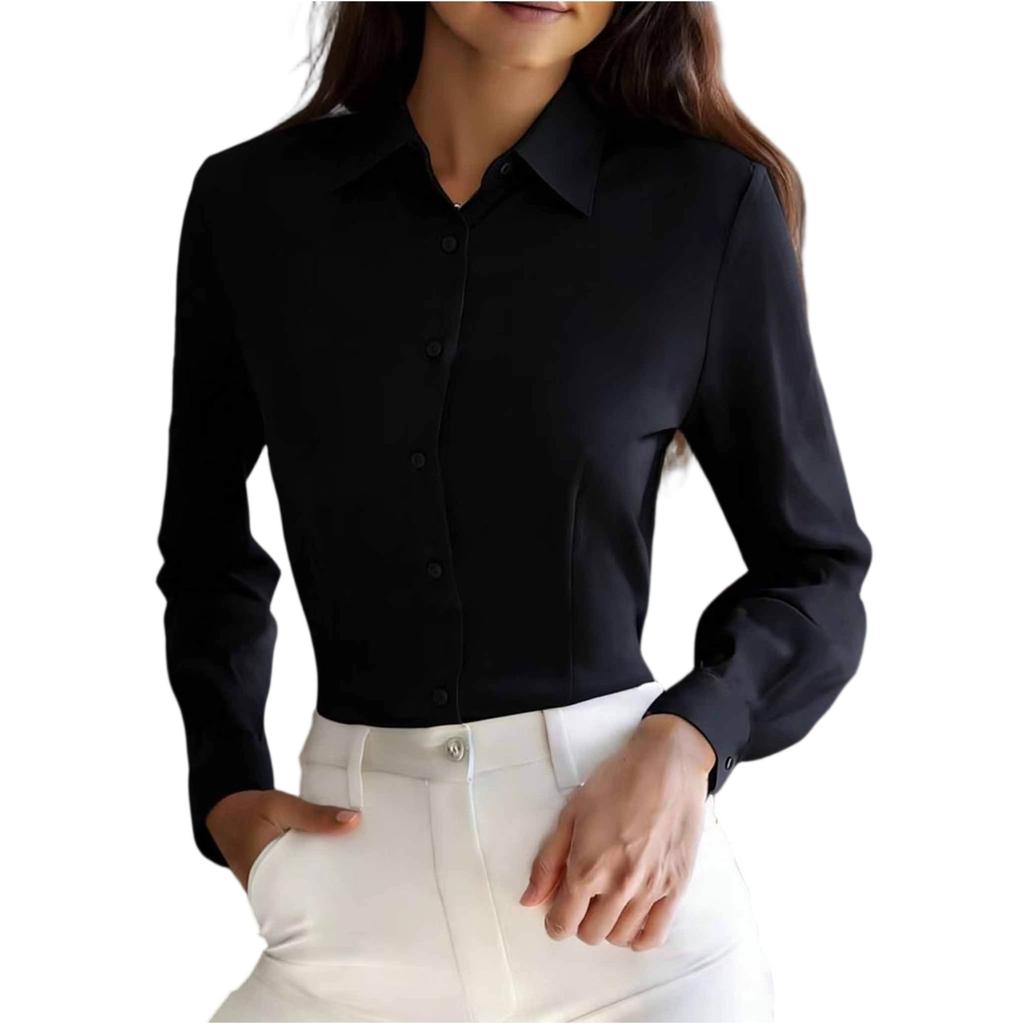 Women's Fashionable Color Lapel Long Sleeved Waist Cinched Business Casual Shirt Top