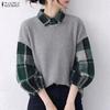 Women Casual Turn Down Collar Long Sleeve Plaid Print Patchwork Vintage T-Shirts