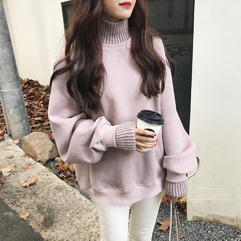 Korean Style Plush High-Collar Sweater Jacket for Women: Trendy, Loose, Two-Piece Design for Autumn and Winter.