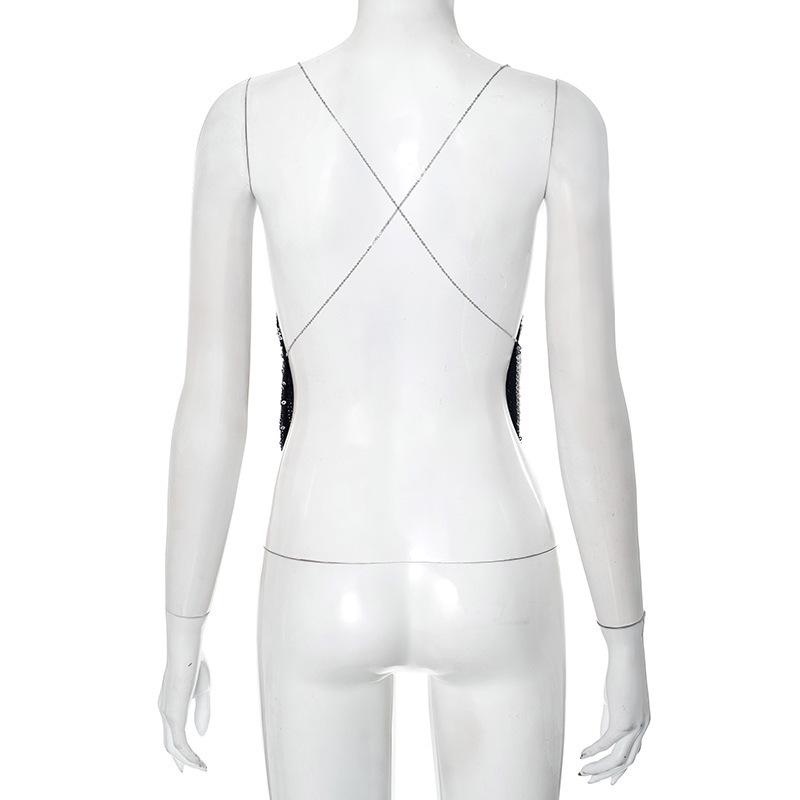 European & American Women's Sequin Chain Spaghetti Strap Open-Back Swing Neck Top