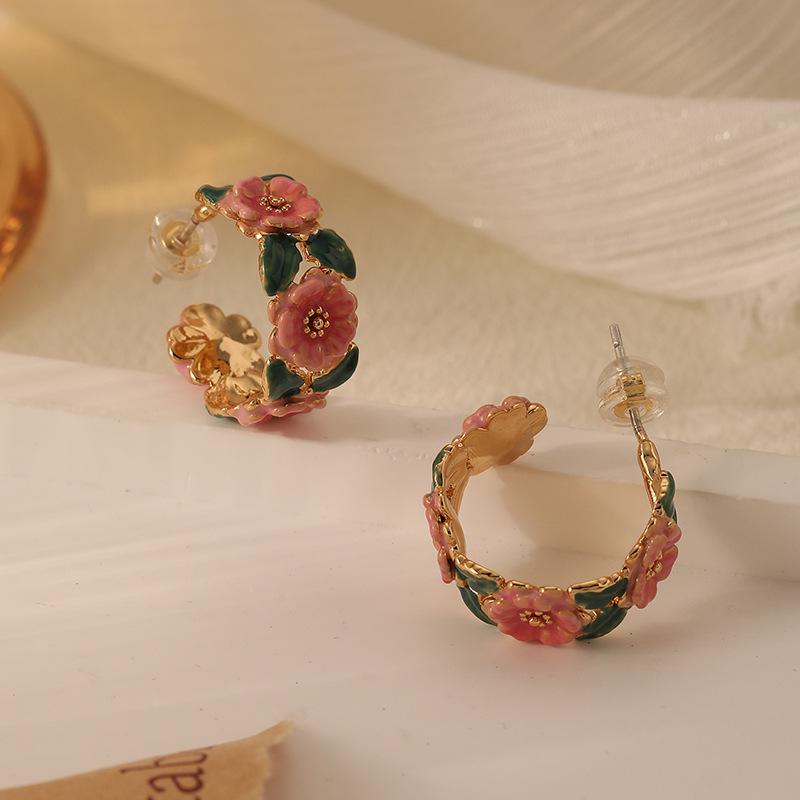 Vintage French Camellia Enamel Earrings: Colorful & High-End Fashion