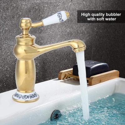 Vintage-Wasserhahn aus antikem Messing mit blauem und weißem Porzellan, Mischbatterie mit langem Hals für Bad/Küche, Waschbecken für Kalt- und Warmwasser (Antik-Finish)