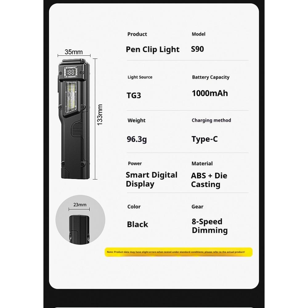 New Portable Flashlight Ultra-thin Rechargeable LED Flashlight Portable Work Light, Cold Resistant, Camping, Patrol, Battery Display