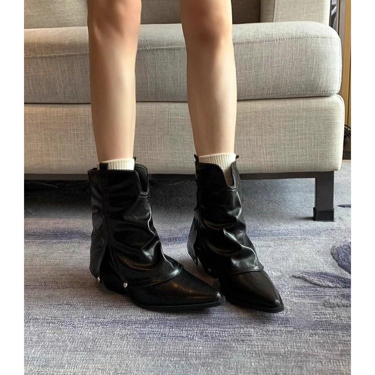 Cowhide version~ V-mouth boots pointed-toed pleated trouser tube boots western cowboy boots high-heeled Martin boots women's thick-heeled short boots