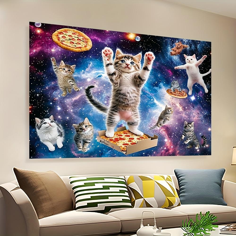 Space Cat Tapestry Cosmic Pizza Adventure Whimsical Galaxy Wall Hanging for Bedroom or Dorm Decor