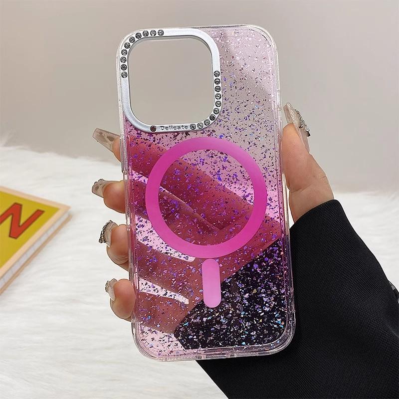 Applicable To IPhone16ProMax Color Magnetic Suction Phone Case Apple 15 Transparent Diamond Flash Powder Anti Fall 14 Protective Case
