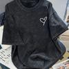 Retro Washed Black Tshirt Unisex Tee Minimalist Love Line Printed Tshirt Round Neck Street Tshirt