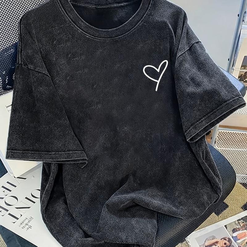 Retro Washed Black Tshirt Unisex Tee Minimalist Love Line Printed Tshirt Round Neck Street Tshirt S