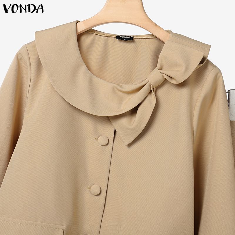 VONDA Elegantní dámské outfity Dlouhý rukáv Mašle Blůza a Kalhoty Ležérní dvoudílné obleky