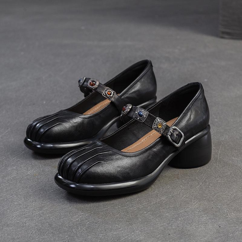 Johnature Lolita Genuine Leather Shoes Sweet Round Toe Thick Heel Wrinkled Women's Shoes